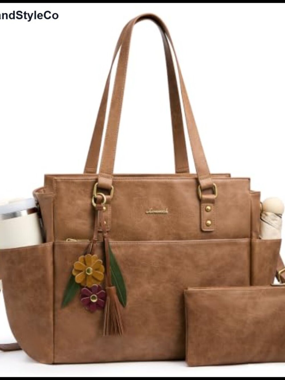 Vintage Faux Leather Floral Laptop Tote Bag with Clutch